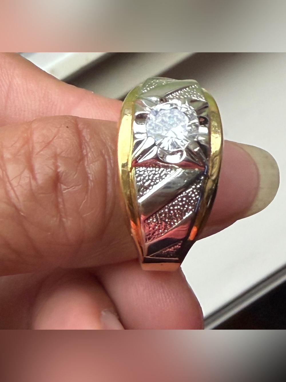 Two-Tone Gold and Silver Men's Ring with Clear Stone